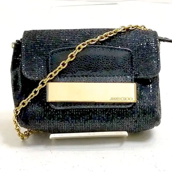 Auth Jimmy Choo Black Glitter Fabric Mini Caro Crossbody Bag Preloved Purse - Picture 1 of 7